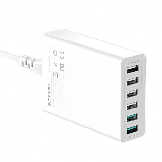 USB töltő 6 porttal BlitzWolf QC 3.0, 60W fehér
