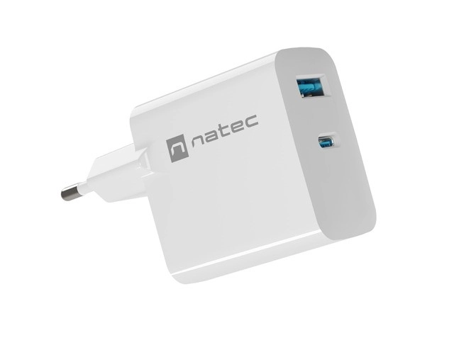 Gyors töltő Natec Ribera GAN 1x USB-A + 1x USB-C 45W Fehér
