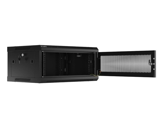 Fali rack szekrény 19 inch 4U perforált ajtóval fekete