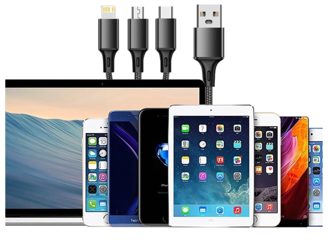 3in1 usb kábel telefonhoz villám kábel iphone micro usb type-c 1.2 m – Fekete