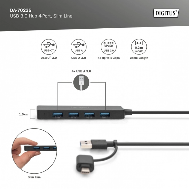 Usb 3.0 4 portos SlimLine Hub Usb-a és Usb-c adapterrel