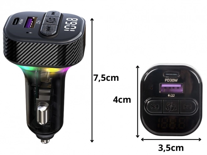 Autós FM Bluetooth 5.3 Transmitter és Töltő LED háttérvilágítással