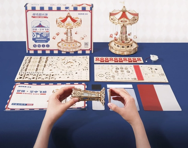 Rokr világító 3D fa puzzle zenélő doboz: Láncos körhinta