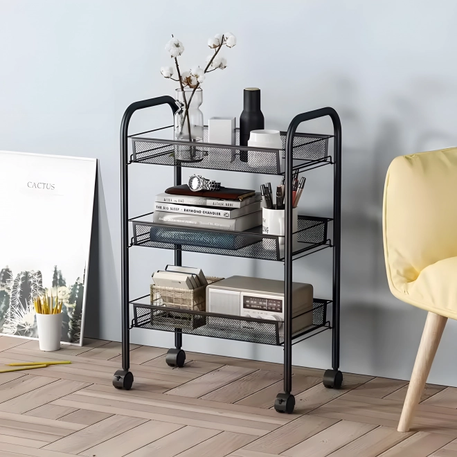Modernhome fekete fémből készült mobil fürdőszobai polc 3 polccal és kerekekkel