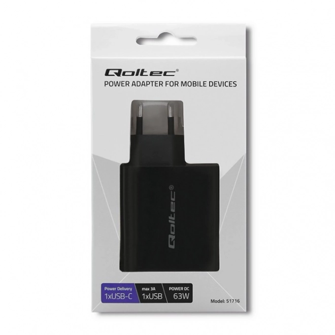 Univerzális fekete Qoltec gyors töltő 63W USB-C PD és QC 3.0