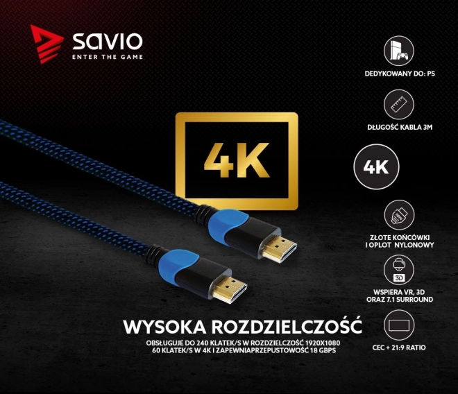 Nylon bevonatú HDMI 2.0 kábel - Niebies-fekete, 3m