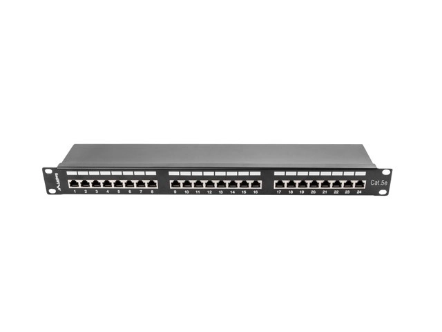 Patch panel 24 port RJ-45 fekete, árnyékolt, kategória 5e