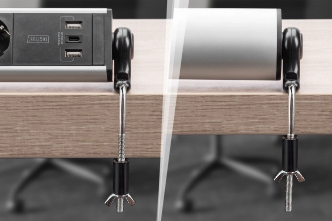 Irodai elosztó 6 aljzattal, 2 USB-A és 1 USB-C, forgatható, alumínium test, asztali rögzítéssel