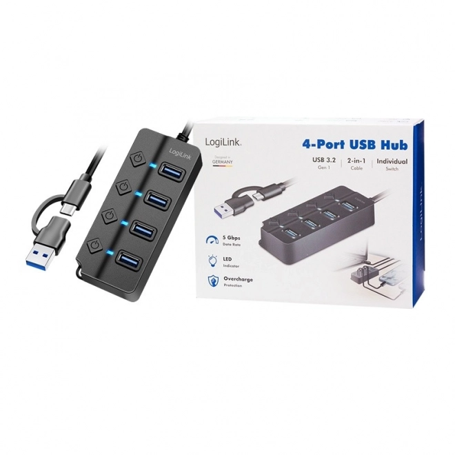 USB Hub 4 porttal, 3.2 Gen 1, fekete