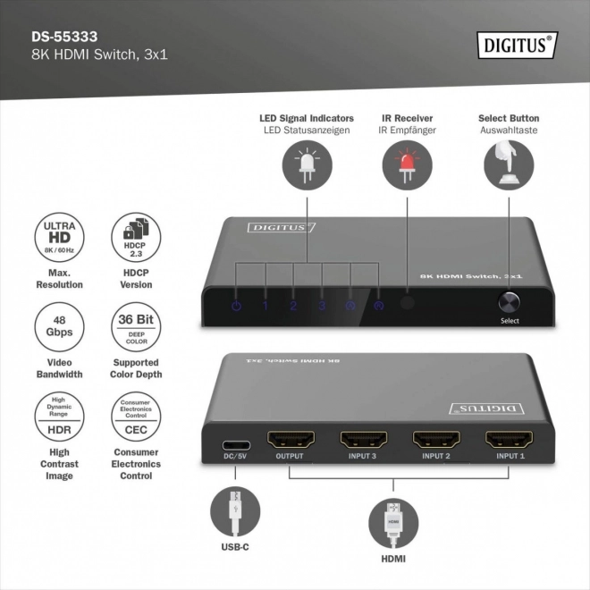Hdmi kapcsoló 8K 3x1, távirányítóval, fekete