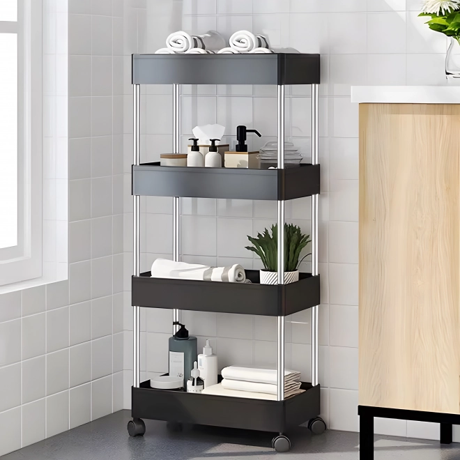 ModernHome műanyag fürdőszobai polc gurulós 4 polccal