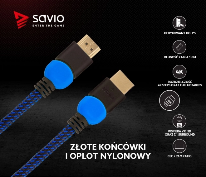 Nylon fonású kék-fekete HDMI 2.0 kábel 1,8m hosszú