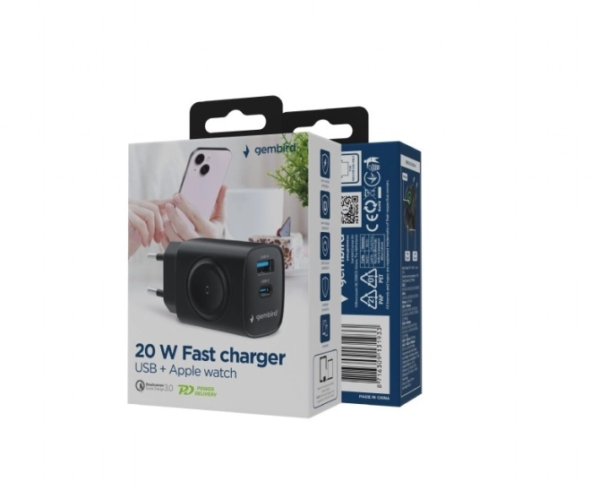 20W USB-C és USB-A PowerDelivery gyorstöltő, fekete