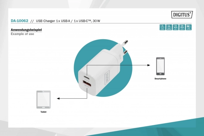 Kompakt fehér USB töltő 30W teljesítménnyel