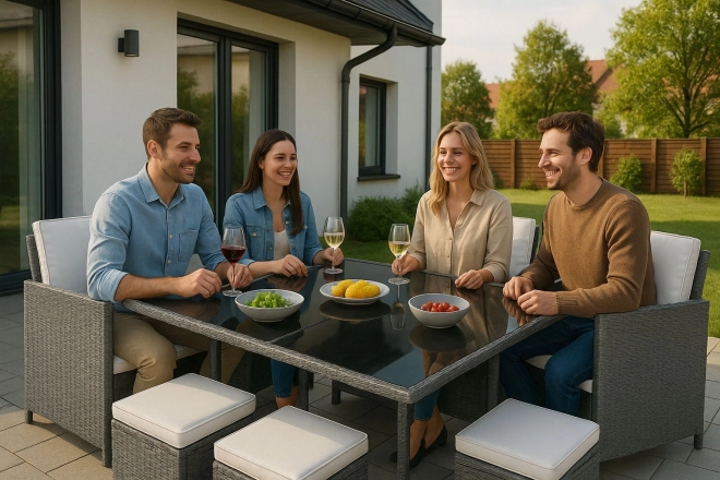 Kerti bútorkészlet rattan megjelenéssel – 4 fotel, 4 puff, MultiGarden asztal