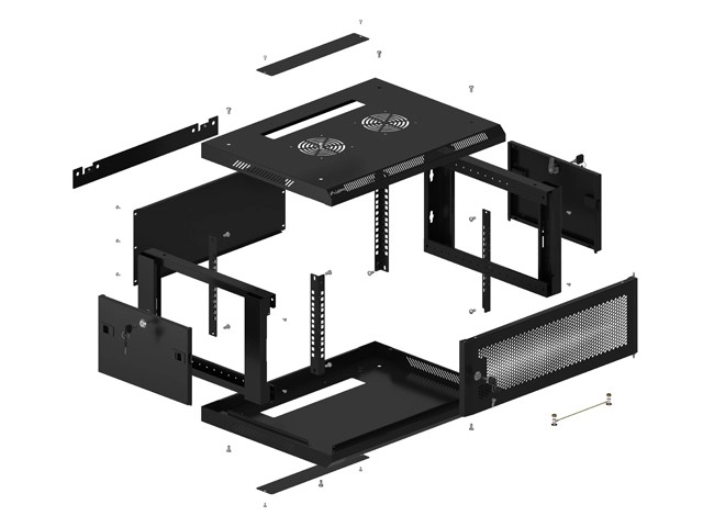 Fali rack szekrény 19 inch 4U perforált ajtóval fekete