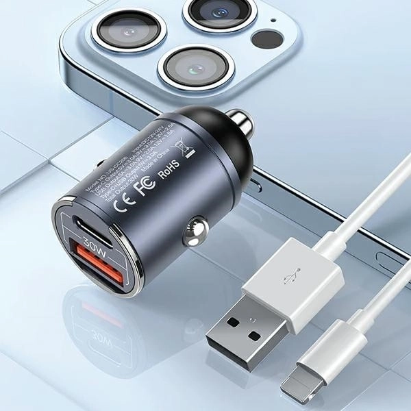 Autós töltő 30W 1xUSB+1xUSB-C gyors töltés acél