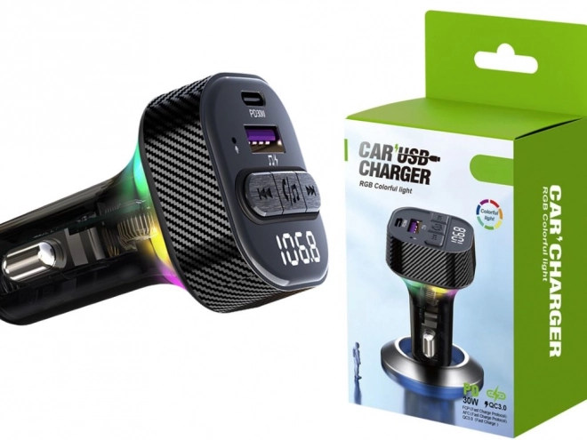 Autós FM Bluetooth 5.3 Transmitter és Töltő LED háttérvilágítással