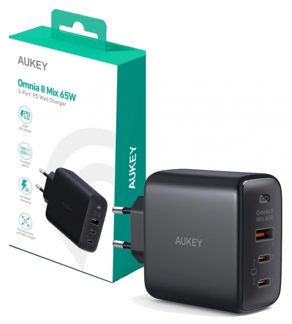 Aukey Omnia II fekete GaN töltő 65W 3xUSB-C/A