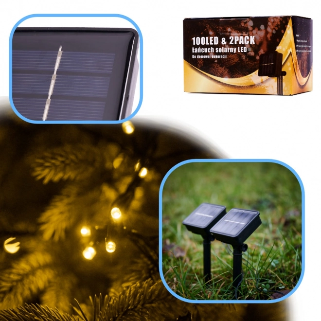 Napelemes karácsonyi led fényfüzér 20m, 200 led, meleg fehér