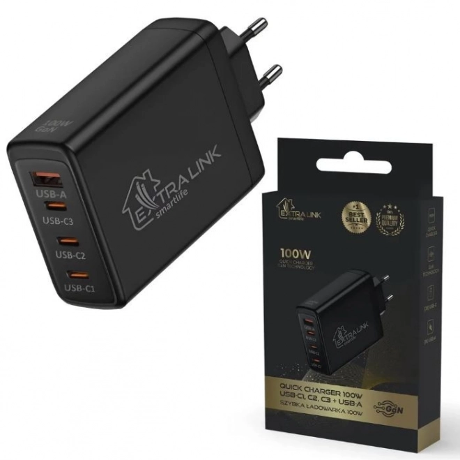 Intelligens élet gyorstöltő 100W GaN 3x USB-C, USB-A