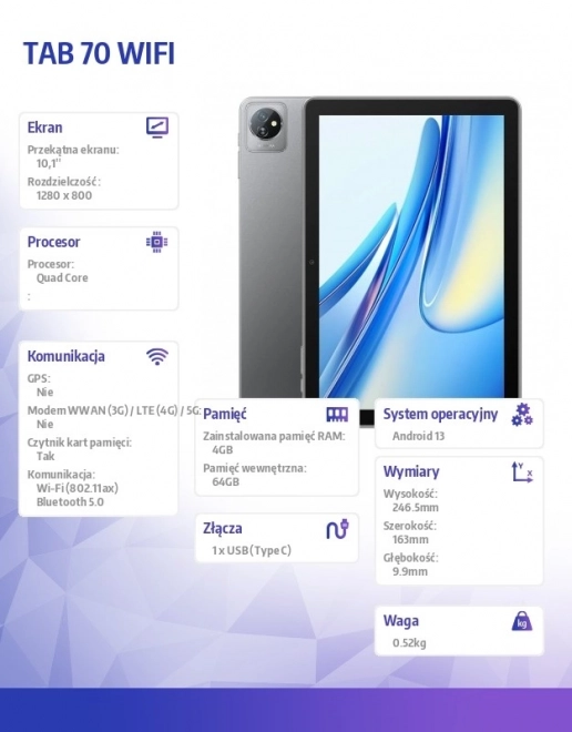 Tablet TAB 70 WiFi 10.1 hüvelykes 4/64GB 6580 mAh Szürke