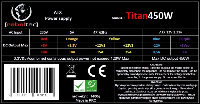 Rebeltec Titan ATX számítógép tápegység 450W