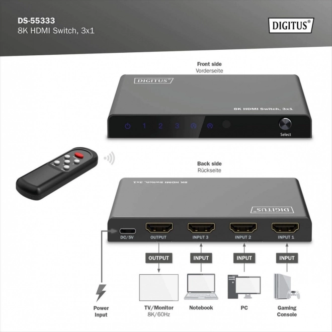 Hdmi kapcsoló 8K 3x1, távirányítóval, fekete