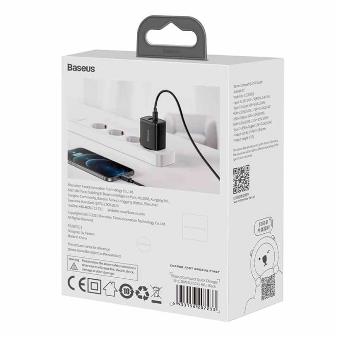 Kompakt gyorstöltő Baseus USB, USB-C 20W fekete