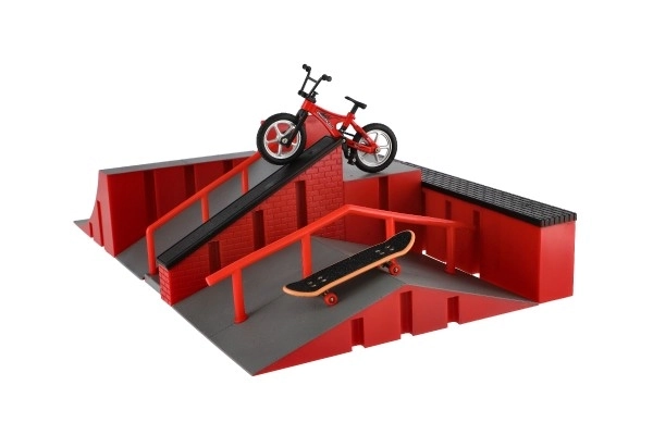 Skatepark rámpák, ujjal irányítható kerékpár és gördeszka
