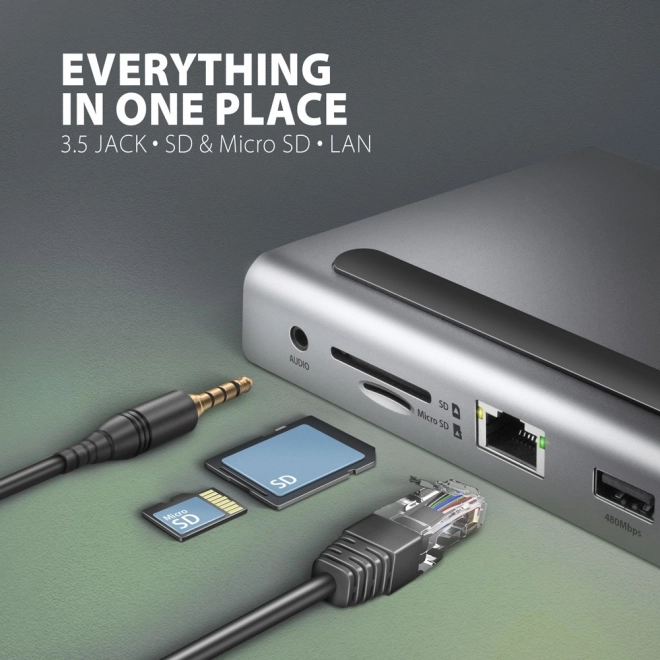 USB-C többportos hub 5Gbps, 3x USB-A, 2x HDMI + DP + GLAN + SD/microSD + audio, PD 100W