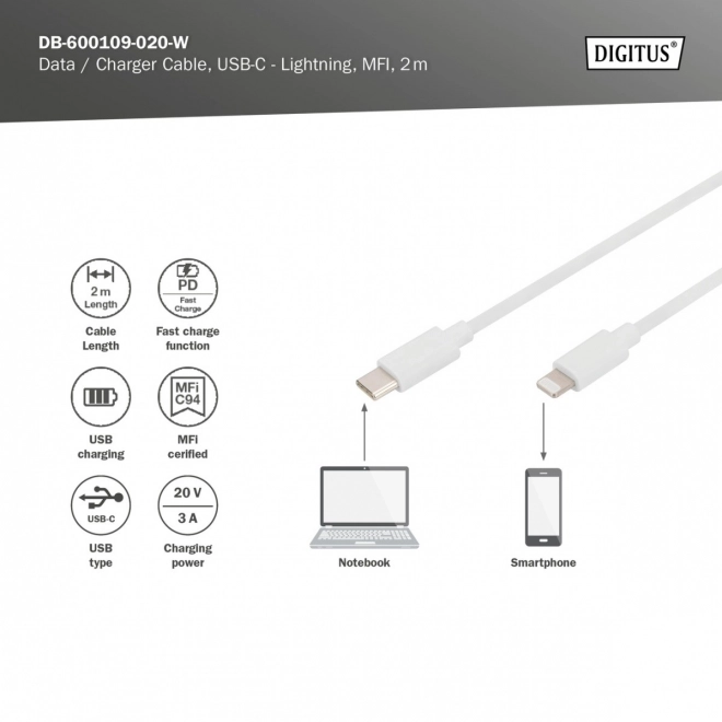 Digitus USB-C/Lightning adatátviteli és töltőkábel - fehér, 2m