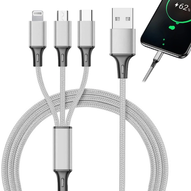 3in1 usb kábel telefonhoz villám kábel iphone micro usb type-c 1.2 m – Fehér