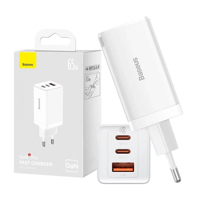 Baseus töltő GaN5 Pro 2xUSB-C + USB 65W fehér