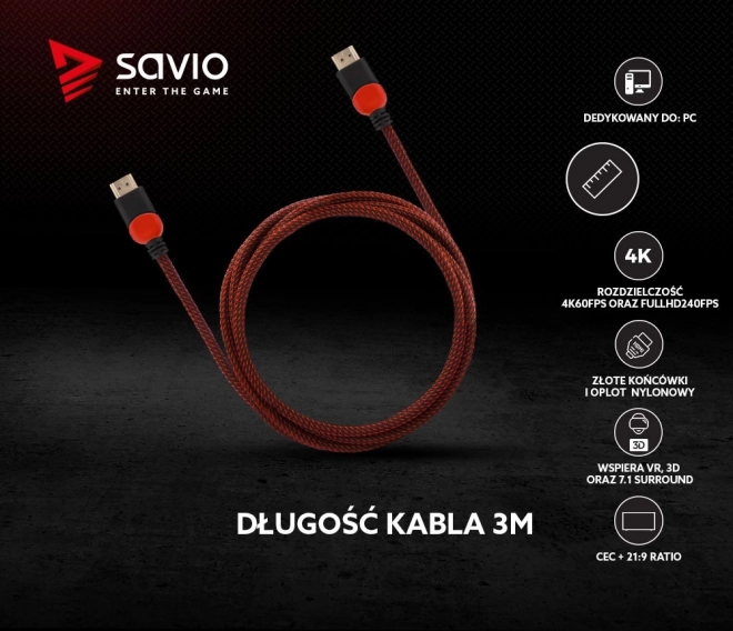 Kiváló minőségű HDMI 2.0 piros-fekete kábel 3 m