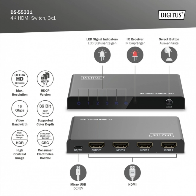 Digitus HDMI 4K videó váltó 3x1 60Hz távvezérlővel, fekete