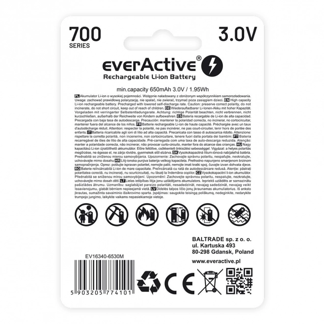 EverActive újratölthető 16340 Li-ion akkumulátor 3V 700 mAh micro USB