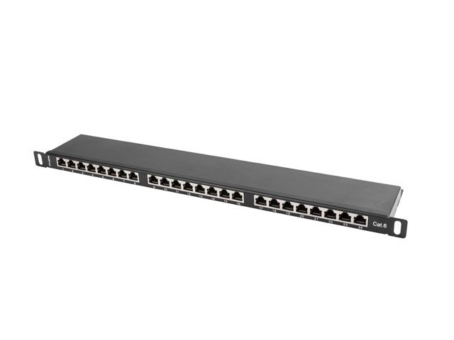 Patch panel 24 port RJ-45 kategória 6 fekete árnyékolt