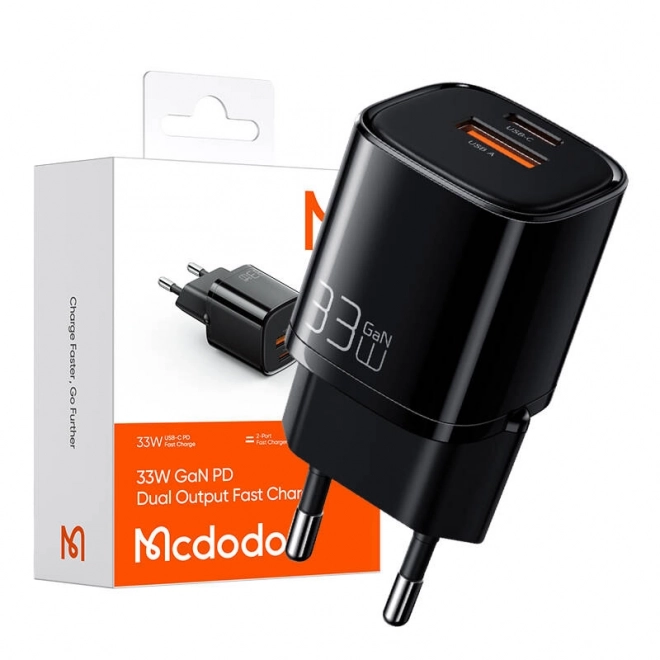 Mcdodo Nano GaN töltő USB és USB-C csatlakozóval, 33 W, fekete