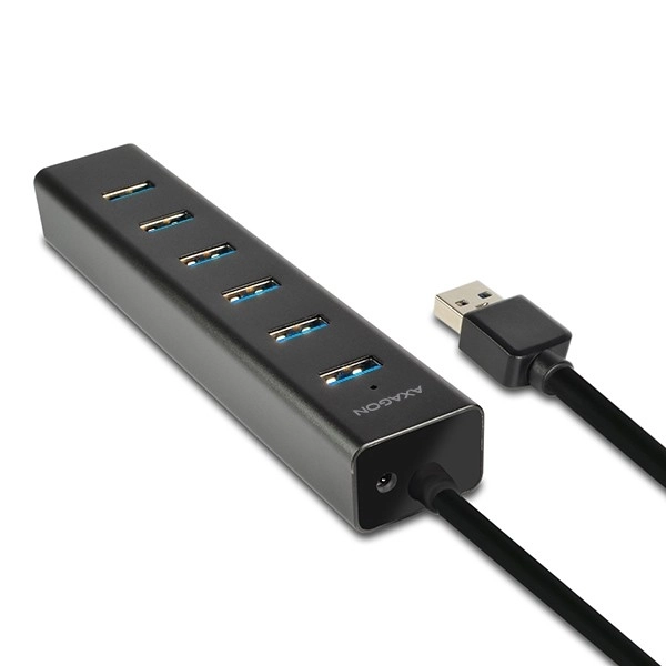 Axagon 7-Portos USB 3.2 Gen 1 Alumínium Töltő Hub AC Adapterrel