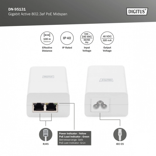 PoE adapter 802.3af, 48V 15.4W, gigabites 10/100/1000 Mbps, aktív, fehér