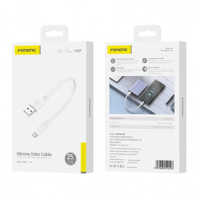 Foneng USB-A - USB-C gyors töltőkábel, 0,25m, fehér