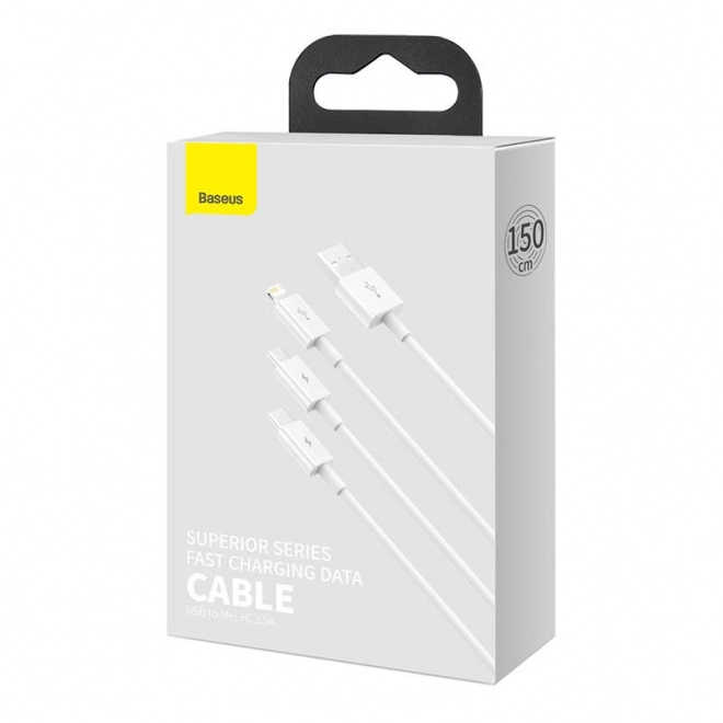 Baseus Superior Data gyors töltőkábel USB M+L+C, 0,5 m, fehér
