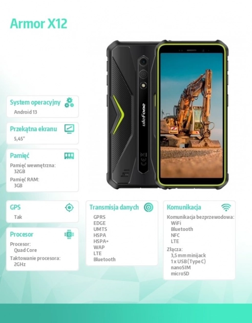 Páncél X12 okostelefon 5,45" 3/32GB IP68/IP69K zöld