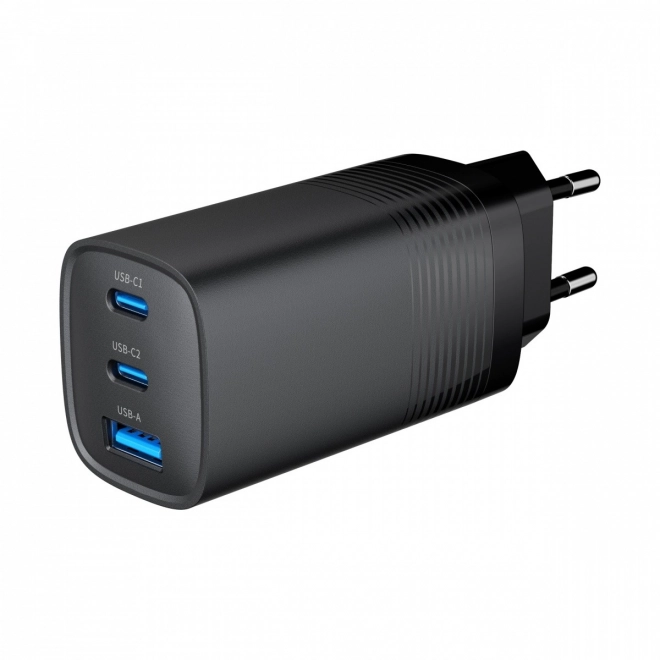 Fekete USB töltő 65W GaN technológiával, 1x USB-A és 2x USB-C porttal