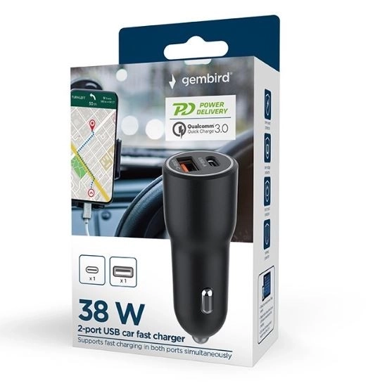 Autós USB töltő USB-A/USB-C 38W PD fekete