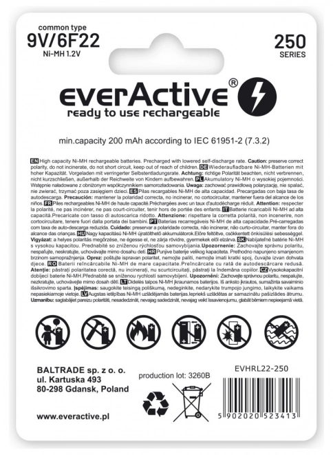 Everactive újratölthető akkumulátor 9V 250mAh