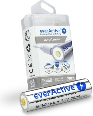 Tölthető 18650-es akkumulátor 3,7 V Li-ion 2600 mAh micro USB-vel EVERACTIVE