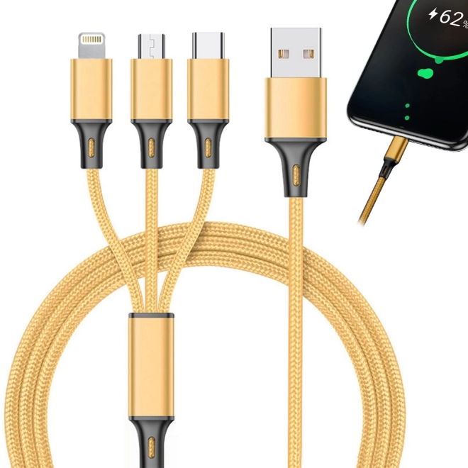 3in1 usb kábel telefonhoz villám kábel iphone micro usb type-c 1.2 m – Sárga