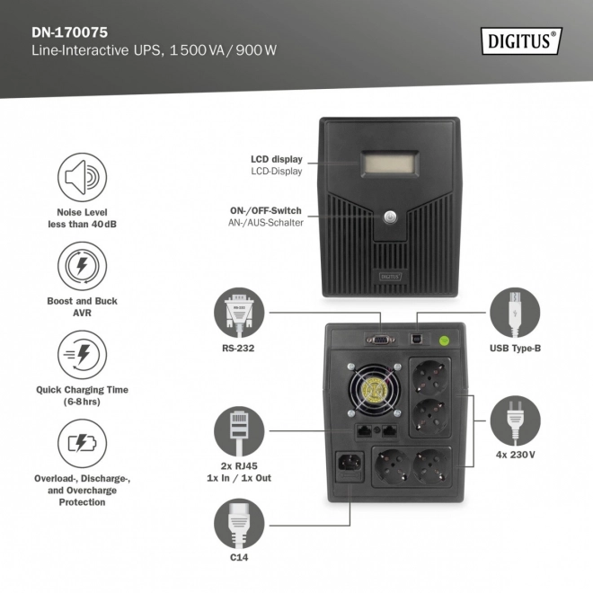 Line-Interactive UPS LCD 1500VA/900W tápegység